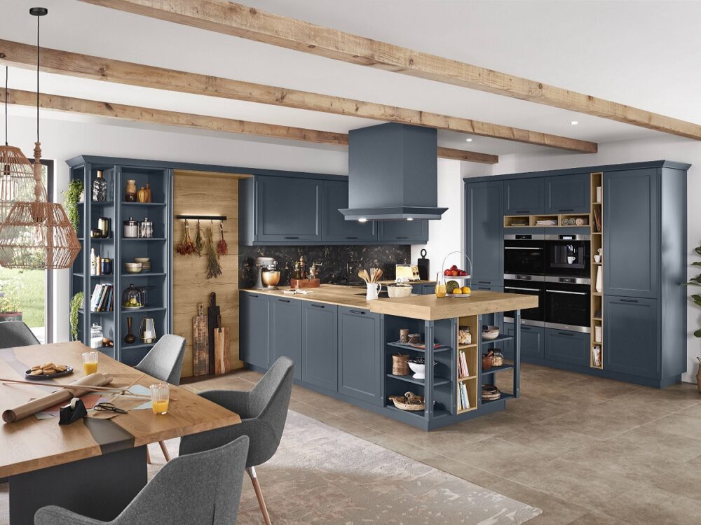 синяя кухня в стиле загородного дома, Cascada fjord, nobilia, кантри, неоклассика, МДФ+эмаль